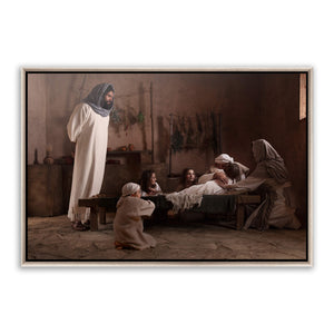 Jesus Christ raising Jairus' daughter. 'Arise' realistic Christian art work on metal in silver frame by Reflections of Christ.