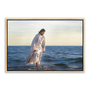 Jesus Christ 'Be Not Afraid' walking on water. Realistic Christian art work on metal with gold frame by Reflections of Christ.
