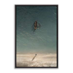 Jesus Christ 'Before the Catch' boat scene. Modern realistic Christian paintings on canvas with black frame by Reflections of Christ.