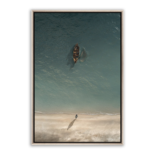 Jesus Christ 'Before the Catch' boat scene. Modern realistic Christian paintings on canvas with silver frame by Reflections of Christ.