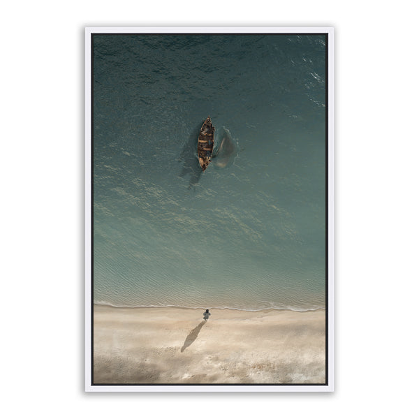 Jesus Christ 'Before the Catch' boat scene. Modern realistic Christian paintings on canvas with white frame by Reflections of Christ.