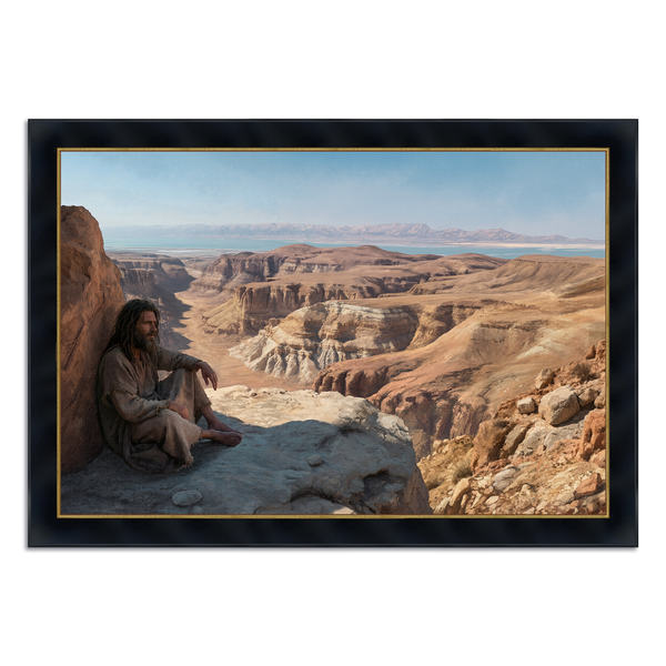 Painting of Christ in the Judean Wilderness above the Dead Sea, dust-toned robe, tired posture, harsh light, rugged terrain. Luke 4 temptation in a masculine register. Collaboration between Mark Mabry and Pieter Van Tonder.