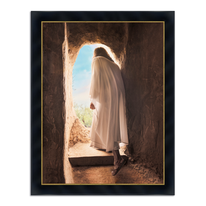 Jesus Christ exiting the tomb. 'Alive' is a modern realistic Christian art work on Concerto Black with Gold by Reflections of Christ.