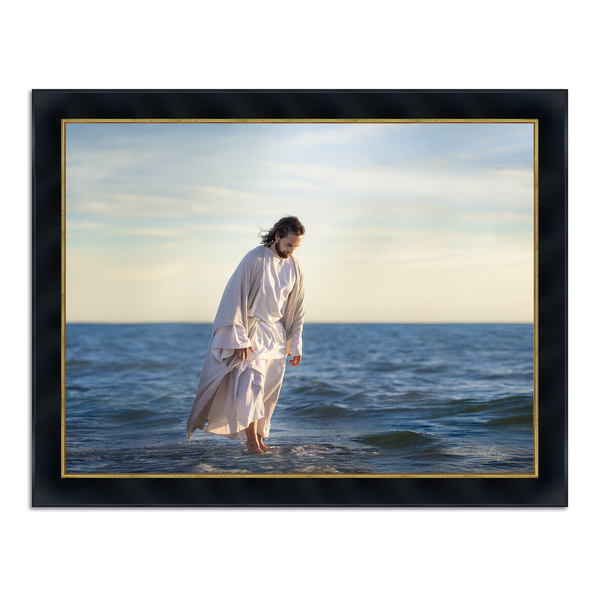 Jesus Christ 'Be Not Afraid' walking on water. Realistic Christian art work on metal with Concerto Black with Gold frame by Reflections of Christ.