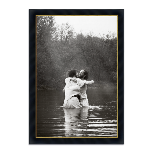 Jesus Christ 'Joy' baptismal embrace. Modern Christian art work on metal with Concerto Black with Gold_ frame by Reflections of Christ.