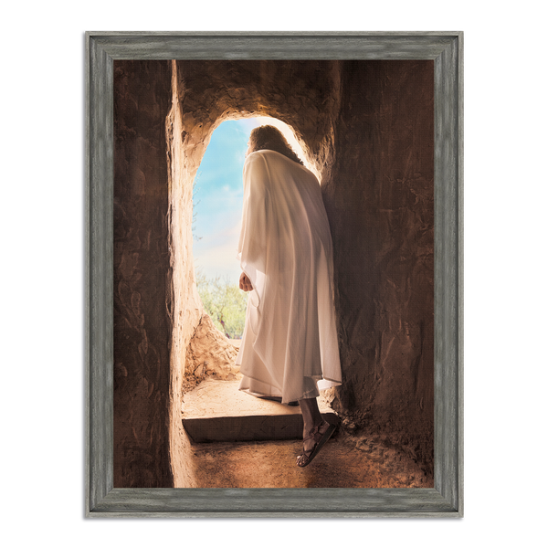 Jesus Christ exiting the tomb. 'Alive' is a modern realistic Christian art work on Driftwood Gray Frame by Reflections of Christ.