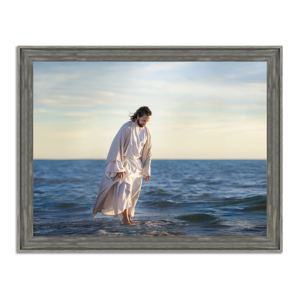 Jesus Christ 'Be Not Afraid' walking on water. Realistic Christian art work on metal with Driftwood Gray frame by Reflections of Christ.