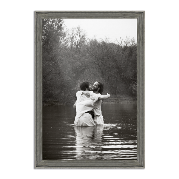 Jesus Christ 'Joy' baptismal embrace. Modern Christian art work on metal with Driftwood Gray frame by Reflections of Christ.
