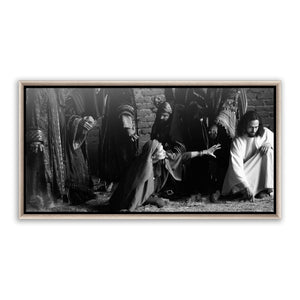"Jesus Christ 'First Stone' story. Modern Christian art work on metal with silver frame by Reflections of Christ.