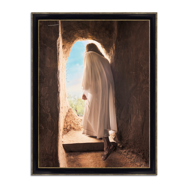 Jesus Christ exiting the tomb. 'Alive' is a modern realistic Christian art work on Framers Black with Gold by Reflections of Christ.
