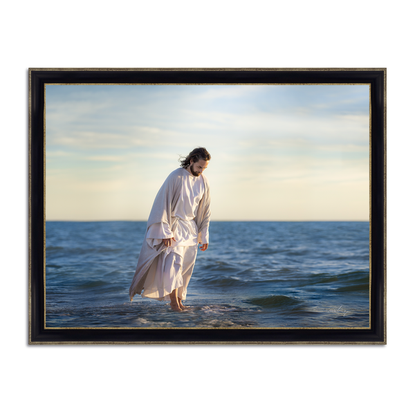 Jesus Christ 'Be Not Afraid' walking on water. Realistic Christian art work on metal with Framers Black with Gold  frame by Reflections of Christ.