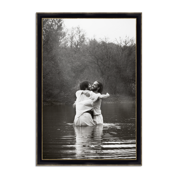 Jesus Christ 'Joy' baptismal embrace. Modern Christian art work on metal with Framers Black with Gold frame by Reflections of Christ.
