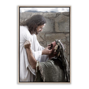 Jesus Christ 'Healing' the blind man. Realistic Christian art work on metal  with silver frame by Reflections of Christ.