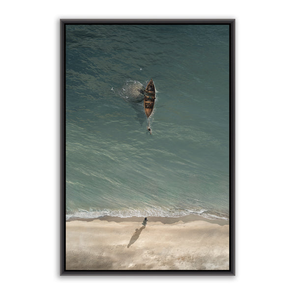 Jesus Christ 'Heart Overboard' shore scene. Modern Christian art work on canvas with black frame by Reflections of Christ.