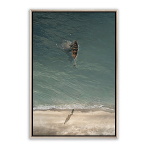 Jesus Christ 'Heart Overboard' shore scene. Modern Christian art work on canvas with silver frame by Reflections of Christ.