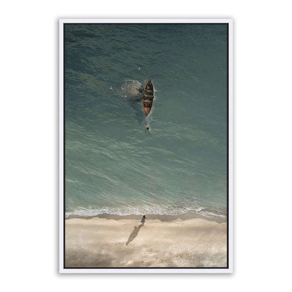 Jesus Christ 'Heart Overboard' shore scene. Modern Christian art work on canvas with white frame by Reflections of Christ.