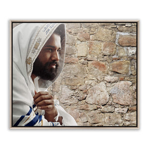 Jesus Christ 'Hope of Israel' in tallit. Realistic Christian portrait on metal with silver frame by Reflections of Christ.