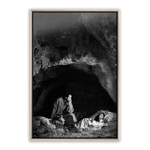 Jesus Christ birth scene. 'Husband' modern Christian wall art on metal with silver frame by Reflections of Christ.