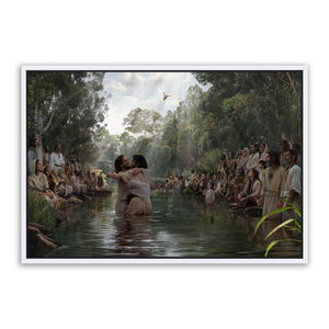 Jesus Christ baptism at Jordan River. 'Witness' modern Christian wall art on canvas with white frame by Reflections of Christ.