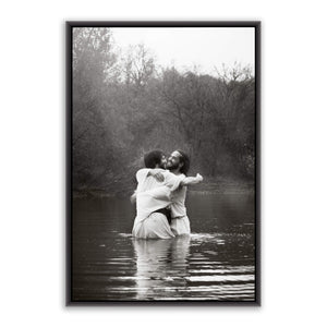 Jesus Christ 'Joy' baptismal embrace. Modern Christian art work on metal with black frame by Reflections of Christ.