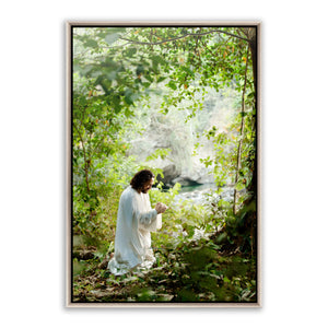 Jesus Christ praying in the grove. 'My Joy is Full' realistic Christian wall art on metal with silver frame by Reflections of Christ.