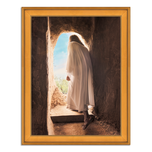 Jesus Christ exiting the tomb. 'Alive' is a modern realistic Christian art work on Plein Air Gold by Reflections of Christ.