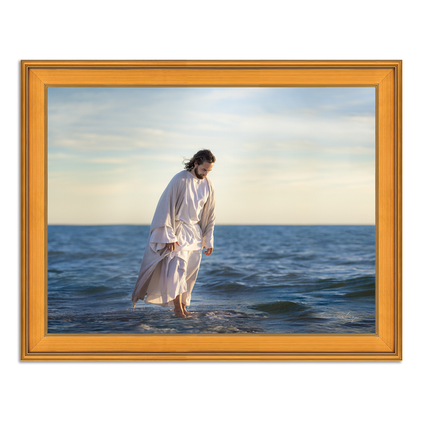 Jesus Christ 'Be Not Afraid' walking on water. Realistic Christian art work on metal with Plein Air Gold  frame by Reflections of Christ.