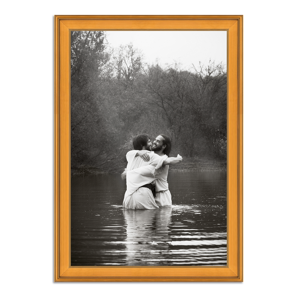 Jesus Christ 'Joy' baptismal embrace. Modern Christian art work on metal with Plein Air Gold frame by Reflections of Christ.