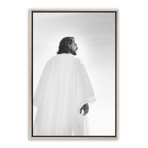 Jesus Christ 'Resurrection' risen Savior. Black and white realistic Christian art work on metal with silver frame by Reflections of Christ.