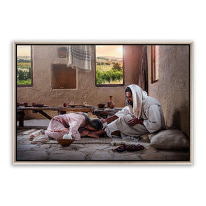 Jesus Christ anointed by Mary. 'She Has Kept This' realistic Christian art work on metal with silver frame by Reflections of Christ.