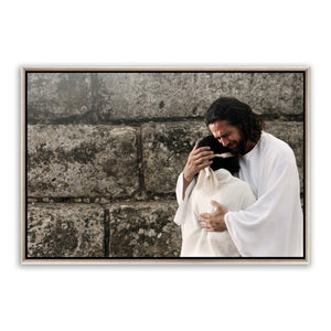 Jesus Christ 'Surrender' embrace. Modern realistic Christian art work on metal with silver frame by Reflections of Christ.