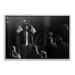 Jesus Christ reading the scroll. 'The Synagogue' modern Christian art work on metal with silver frame by Reflections of Christ.