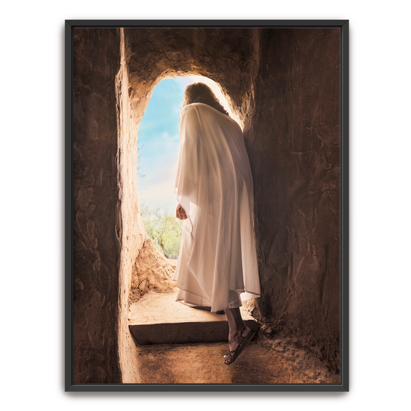 Jesus Christ exiting the tomb. 'Alive' is a modern realistic Christian art work on black by Reflections of Christ.