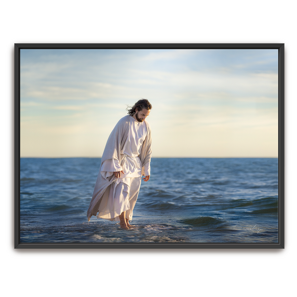 Jesus Christ 'Be Not Afraid' walking on water. Realistic Christian art work on metal with black frame by Reflections of Christ.
