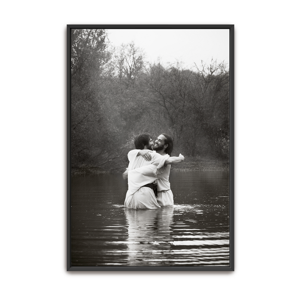 Jesus Christ 'Joy' baptismal embrace. Modern Christian art work on metal with black frame by Reflections of Christ.