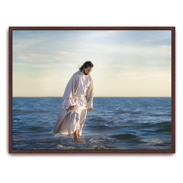 Jesus Christ 'Be Not Afraid' walking on water. Realistic Christian art work on metal with Espresso frame by Reflections of Christ.
