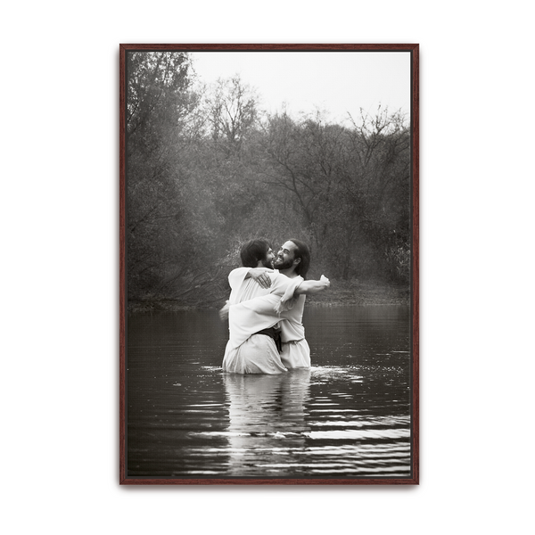 Jesus Christ 'Joy' baptismal embrace. Modern Christian art work on metal with espresso frame by Reflections of Christ.