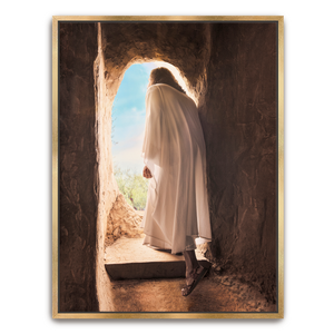 Jesus Christ exiting the tomb. 'Alive' is a modern realistic Christian art work on gold metal by Reflections of Christ.