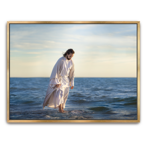 Jesus Christ 'Be Not Afraid' walking on water. Realistic Christian art work on canvas with gold frame by Reflections of Christ.