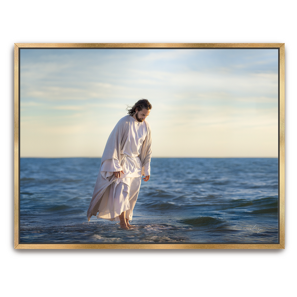 Jesus Christ 'Be Not Afraid' walking on water. Realistic Christian art work on canvas with gold frame by Reflections of Christ.