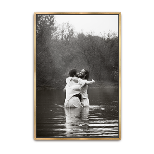 Jesus Christ 'Joy' baptismal embrace. Modern Christian art work on metal with gold frame by Reflections of Christ.