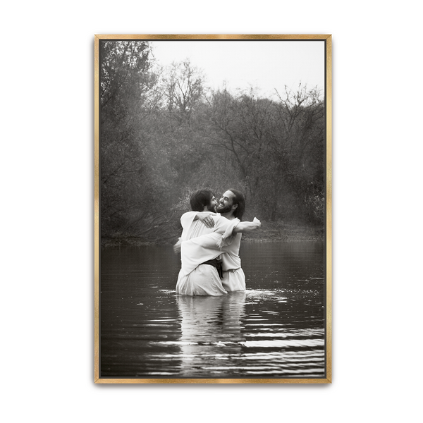 Jesus Christ 'Joy' baptismal embrace. Modern Christian art work on metal with gold frame by Reflections of Christ.