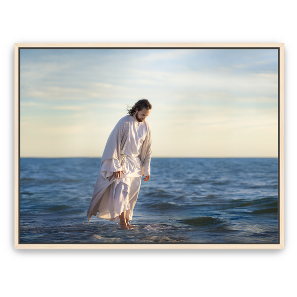 Jesus Christ 'Be Not Afraid' walking on water. Realistic Christian art work on metal with maple frame by Reflections of Christ.