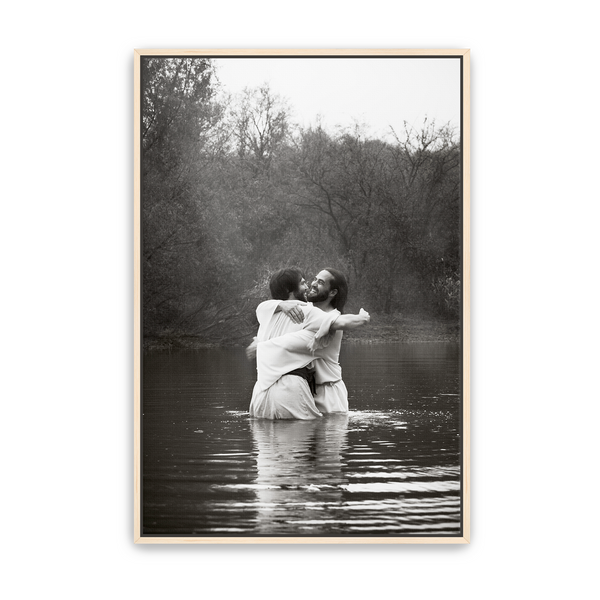 Jesus Christ 'Joy' baptismal embrace. Modern Christian art work on metal with maple frame by Reflections of Christ.