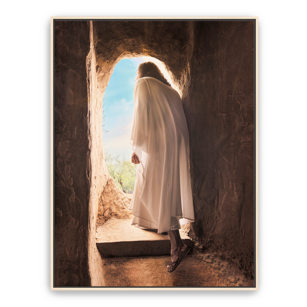 Jesus Christ exiting the tomb. 'Alive' is a modern realistic Christian art work on Natural Wood by Reflections of Christ.