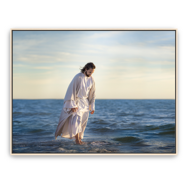 Jesus Christ 'Be Not Afraid' walking on water. Realistic Christian art work on metal with Natural Wood frame by Reflections of Christ.