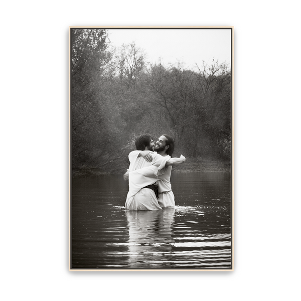 Jesus Christ 'Joy' baptismal embrace. Modern Christian art work on metal with natural wood frame by Reflections of Christ.