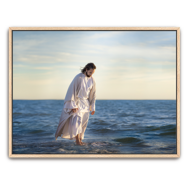 Jesus Christ 'Be Not Afraid' walking on water. Realistic Christian art work on metal with oak frame by Reflections of Christ.
