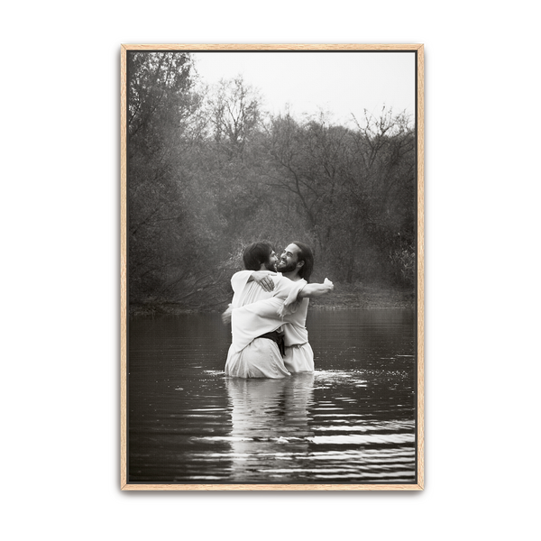 Jesus Christ 'Joy' baptismal embrace. Modern Christian art work on metal with oak frame by Reflections of Christ.