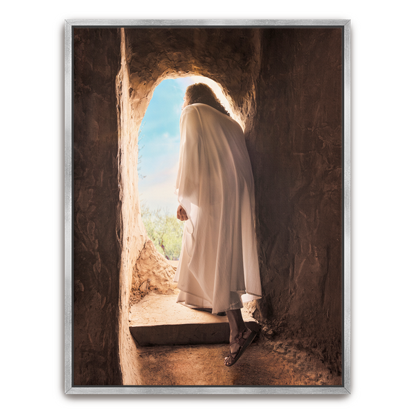 Jesus Christ exiting the tomb. 'Alive' is a modern realistic Christian art work on silver by Reflections of Christ.